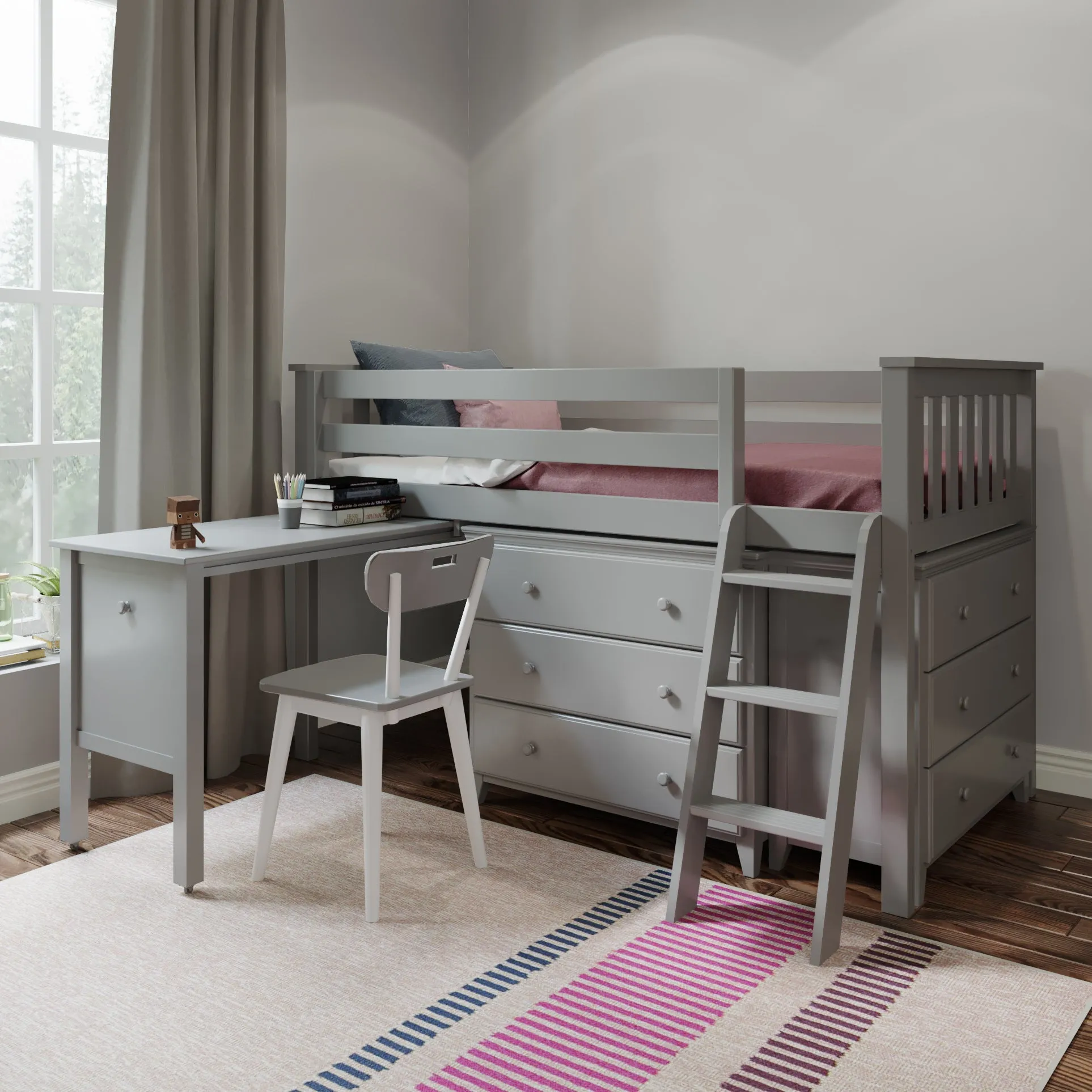 Jackpot Deluxe Windsor Twin-Size Storage Loft Bed with Two Dressers   Desk